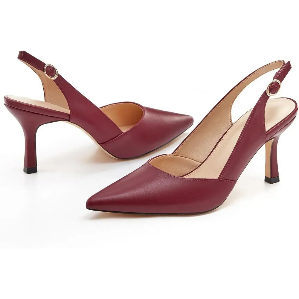 Women's Red PU Kitten Heels Closed Pointed Toe Wedding Party Dress Pumps